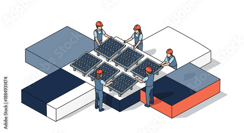 Solar panel installation team working together on a rooftop structure for energy.