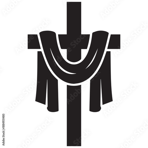 Christian Cross with Draped Cloth, Black Silhouette Vector