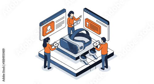 Team of developers working on virtual reality technology and interface.