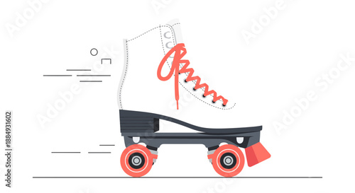 White roller skate with pink laces and wheels ready for skating on a flat surface.