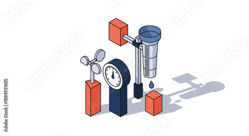 Weather station equipment illustration showing various meteorological instruments for measuring conditions.