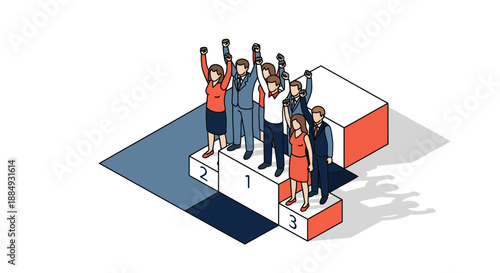 Winners celebrating success on a podium teamwork and achievement concept.
