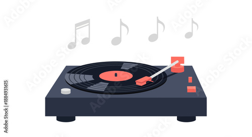 Vintage turntable playing vinyl record with musical notes floating above.