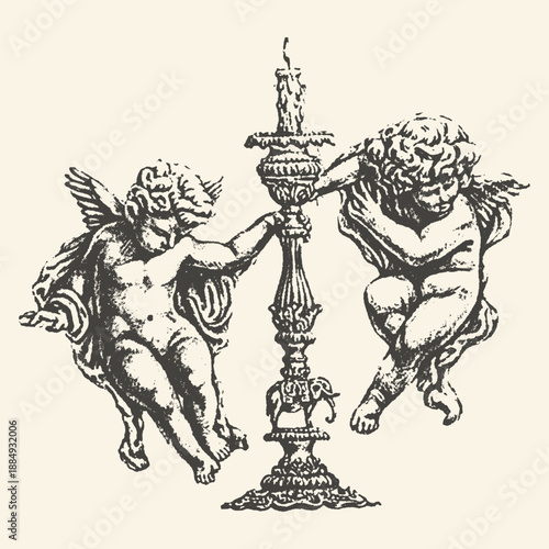 Elegant vintage illustration of two cherubs holding a ornate candlestick with an elephant motif, perfect for decorative or historical designs.