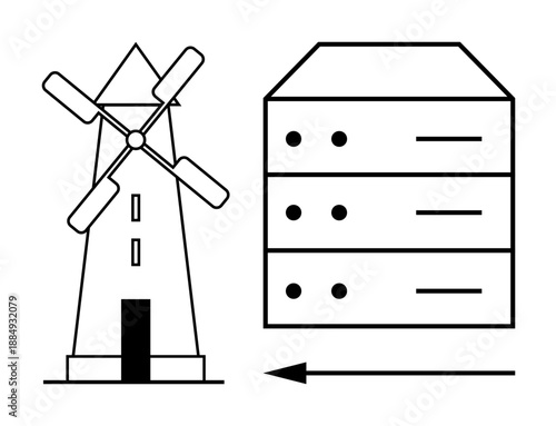 Renewable energy concept. Renewable energy ed by a windmill and its integration with data storage servers. Renewable technology for eco-friendly power and data efficiency. Ideal for sustainability