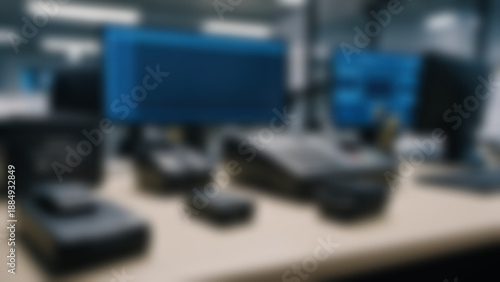 Wallpaper Mural Blurred background of Police desk with body camera equipment charging, realistic plastic surfaces and indicator lights, evidence tech office, evening, soft mixed lighting. Torontodigital.ca