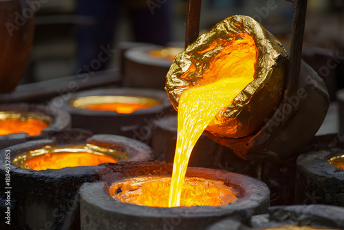 Molten gold pouring from a crucible in a foundry industrial process