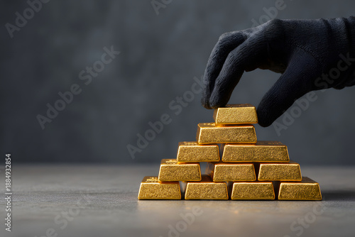 Hand in black glove stacking gold bars into a pyramid on grey background