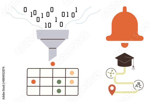 Data management, automation, learning systems, notifications, workflow, visual data . Binary code entering a funnel, calendar-thumbs up table graduation hat and bell icon. Data management