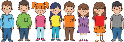 Cute cartoon children standing together, diverse boys and girls illustration, happy kids group characters, education and friendship concept, isolated on white background