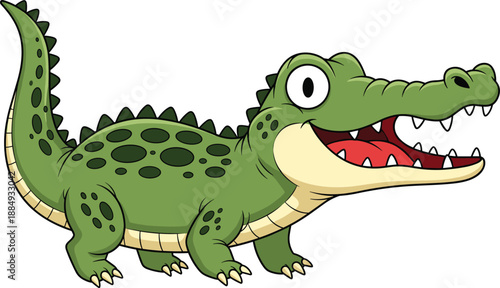Cute cartoon crocodile illustration, smiling alligator character design, friendly wild reptile mascot, kids animal cartoon, isolated on white background