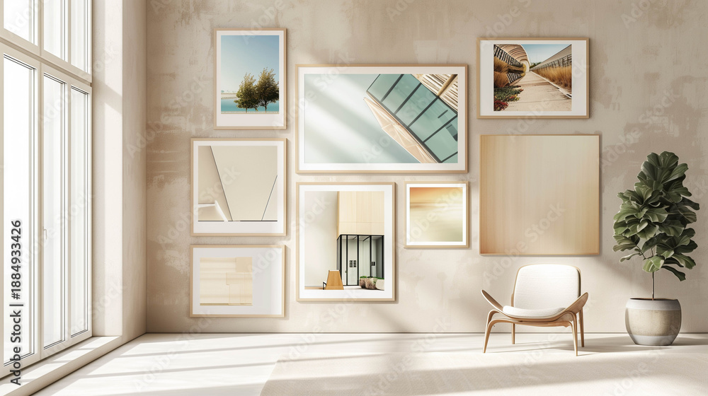 Fototapeta premium Modern minimalist interior with gallery wall frames and soft natural light
