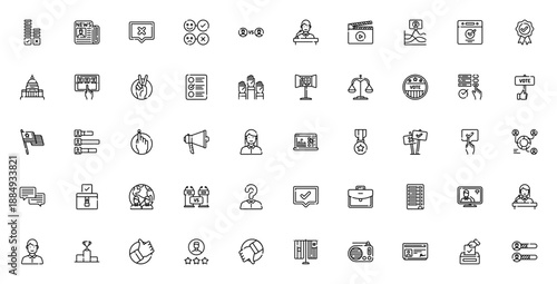 Voting icon set. Vector illustration pack. Includes symbols for vote, ballot, election, debate, results, online voting, government and more. Editable stroke.