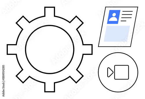 Digital workflow concept. Gear symbol integration with user profile and video media icons for seamless digital workflow. Digital workflow for tech solutions, media management, automation, online