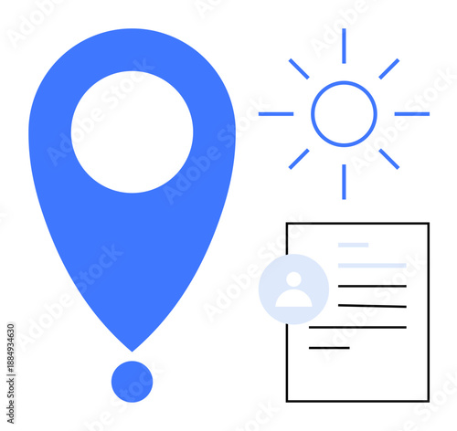 Navigation tools, identity verification, user profiles, digital data, location services, and technology. Blue location pin, sun icon profile document. Navigation and identity verification