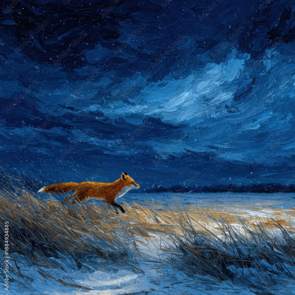 Fototapeta premium A painterly illustration depicting a fox running across a winter coastal landscape. 
