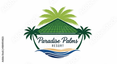 Tropical Paradise Palms Resort Logo Design with Palm Trees and Ocean Waves.