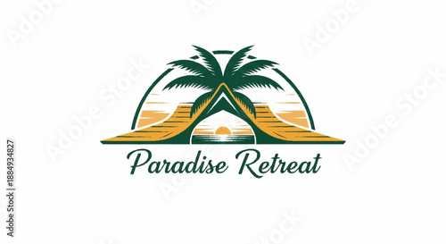 Tropical Paradise Retreat Logo Design with Palm Tree and Hut.