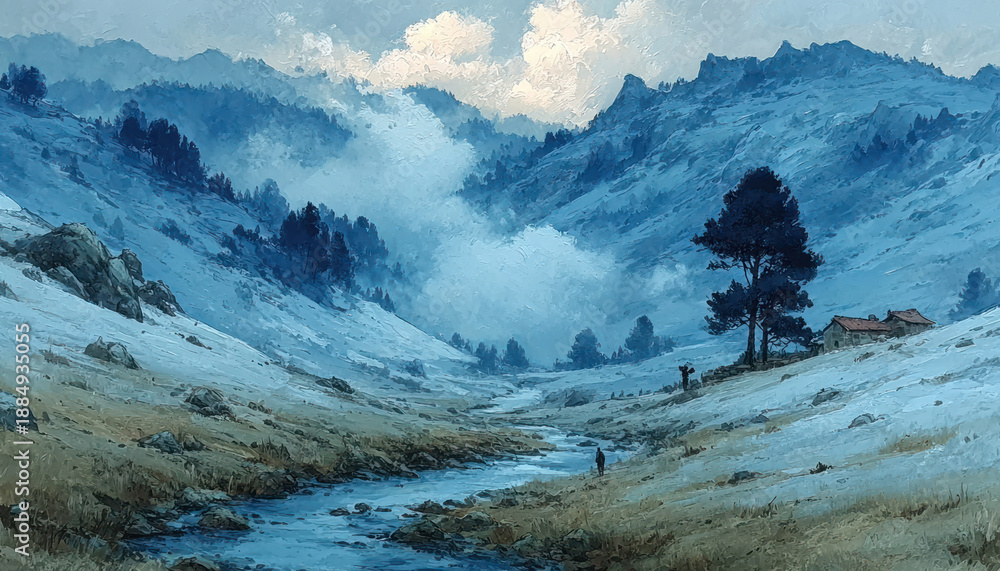 Fototapeta premium A picturesque mountain landscape in cool blue tones with a meandering stream flowing deep into the valley. 