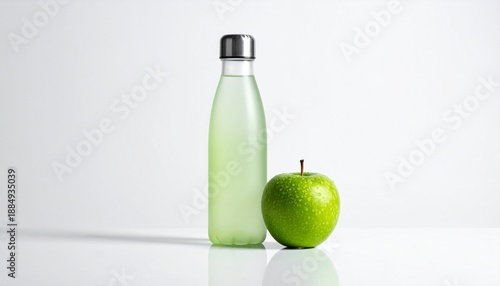 Fresh Green Apple and Water Bottle on White Background