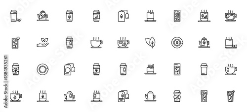 Tea icon set. Vector illustration pack featuring cup, teapot, tea bag, hot tea, iced tea, lemon tea, and green tea. Editable stroke icons.