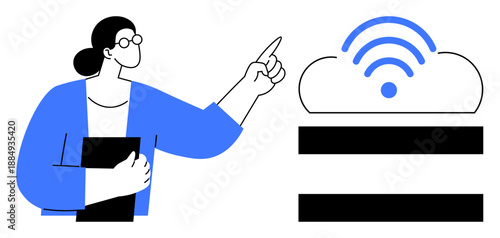 Woman pointing at cloud with a wireless signal, holding a folder. Ideal for cloud computing, wireless network, technology, data storage, digital transformation, IT solutions, simple flat metaphor
