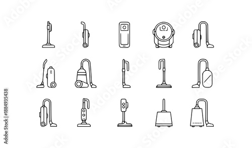 Thin line vector vacuum cleaner icon set with multiple types for web, app, and home appliance design