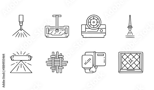 Thin line vector icon set of laser technology and processing symbols for technical and web design