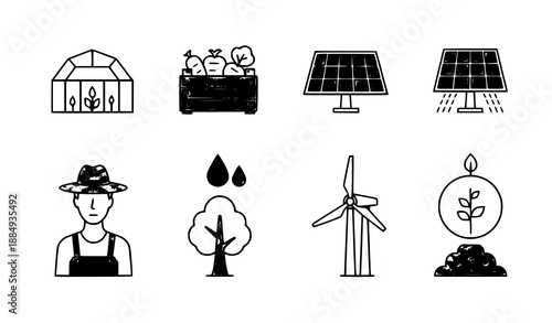 Minimalist vector pictogram set of eco farm and sustainable agriculture icons for green apps and infographics