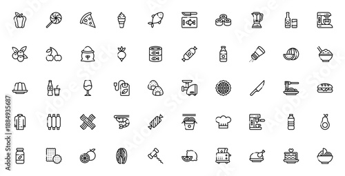 Gastronomy icon set. Food and kitchen vector icons. Includes pepper, pizza, sushi, blender, chef hat, steak, cake and more. Editable stroke.