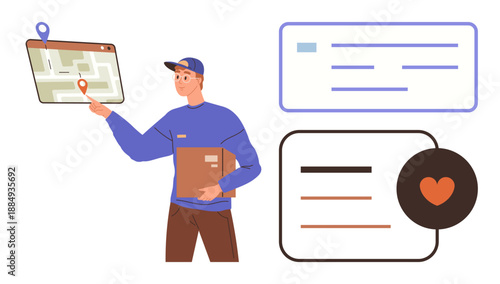 E-commerce, delivery services, online shopping, logistics, package tracking, customer support. Courier pointing to a location pin on a map with digital interface elements. Delivery services