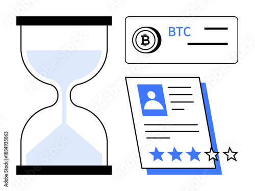 Hourglass symbolizing time, Bitcoin payment panel, user rating form with stars. Ideal for time management, finance, cryptocurrency, evaluation, deadlines productivity customer reviews. Simple flat