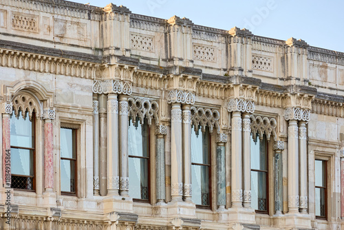 Photography Ornate facade of palace with detailed architecture