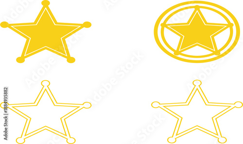 Golden Sheriff Star Badge Icon Set with Outline and Filled Variations for Law Enforcement and Western Design