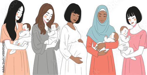 Diverse Mothers with Babies Illustration Showing Multicultural Motherhood and Newborn Care for Family and Healthcare Design