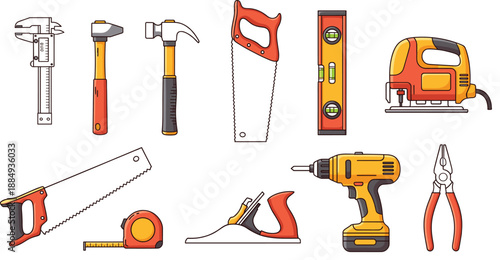 Hand Tools and Power Tools Icon Set with Hammer Saw Drill and Measuring Instruments for Construction Design