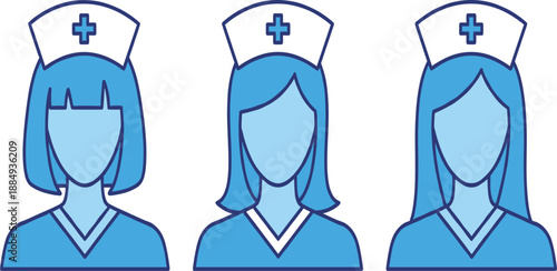 Nurse Avatar Icon Set with Female Medical Staff Characters in Different Hairstyles for Healthcare App Design