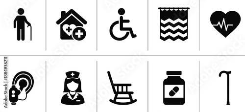 Healthcare and Elderly Care Icon Set with Disability Accessibility Medical Support and Senior Living Symbols for Web Design