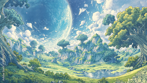 幻想的なゲーム世界の背景イラスト｜空と大地と木々の調和｜RPGの舞台｜ストーリー動画やアニメ調のコンテンツに使える素材