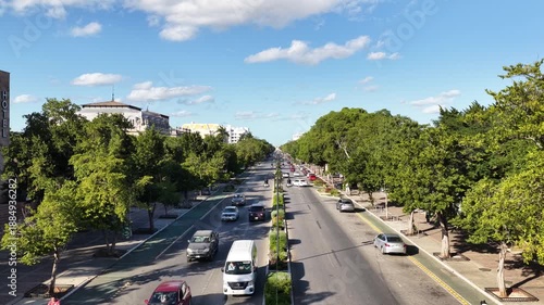 Aerial drone view of Paseo Montejo boulevard with traffic and trees in Mérida, México on a sunny day