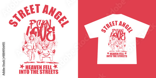 Cupid Angel graphic t-shirt with an edgy streetwear style. Modern illustration symbolizing love and heartbreak, ideal for urban fashion, youth streetwear, and print-on-demand apparel