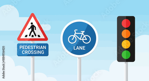 This flat design vector illustration presents a set of vital road signs for pedestrians and cyclists, such as crossing indicators and lane markers, designed for urban safety and guidance. 