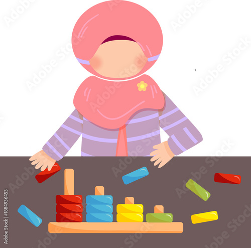 Child in hijab playing with colorful wooden stacking toy, early childhood development and learning