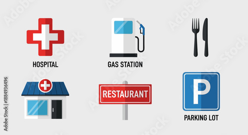 UntiaThis flat design vector illustration features a set of common informational and service road signs like hospital, gas station, and parking, crucial for wayfinding and travel. 