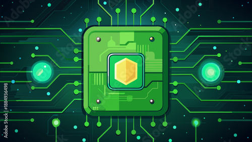 A sophisticated electronic printed circuit board featuring a central CPU processor chip represents the high-tech engineering and digital hardware systems powering modern computer network technology
