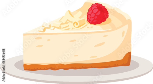 Delicious white chocolate cheesecake slice with raspberry on plate