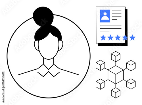 User avatar, professional profile with star rating, and blockchain network elements. Ideal for digital identity, recruitment, reputation systems, blockchain security, user data management, online