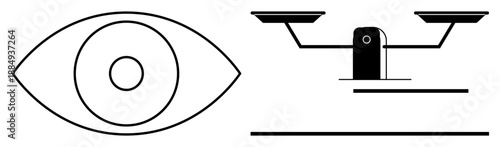 Vision, justice, equality, decision-making, perception, impartiality. Eye symbol alongside a balance scale in minimalist design. Vision and justice concept emphasizing equality and perception