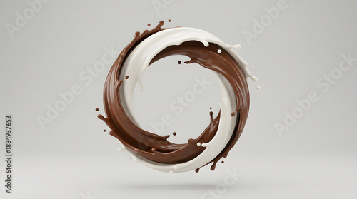 Creative 3D chocolate drink splash forming a circular ring shape, smooth creamy surface, elegant composition, minimalist background, premium beverage advertising concept, ultra realistic rendering