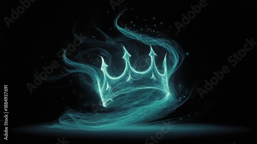 Glowing ethereal crown rendered with flowing teal smoke against a stark black background